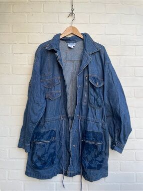 Vintage Blue Denim Field Jacket Casual Utility chore Coat plant details